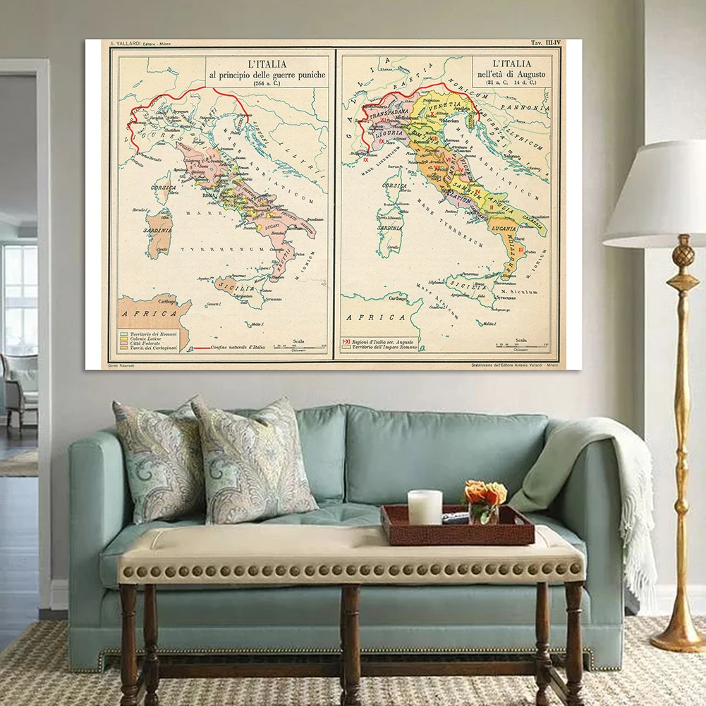 150*100 cm The Italy Retro Map Vinyl Canvas Painting Wall Art Poster Classroom Home Decoration School Supplies