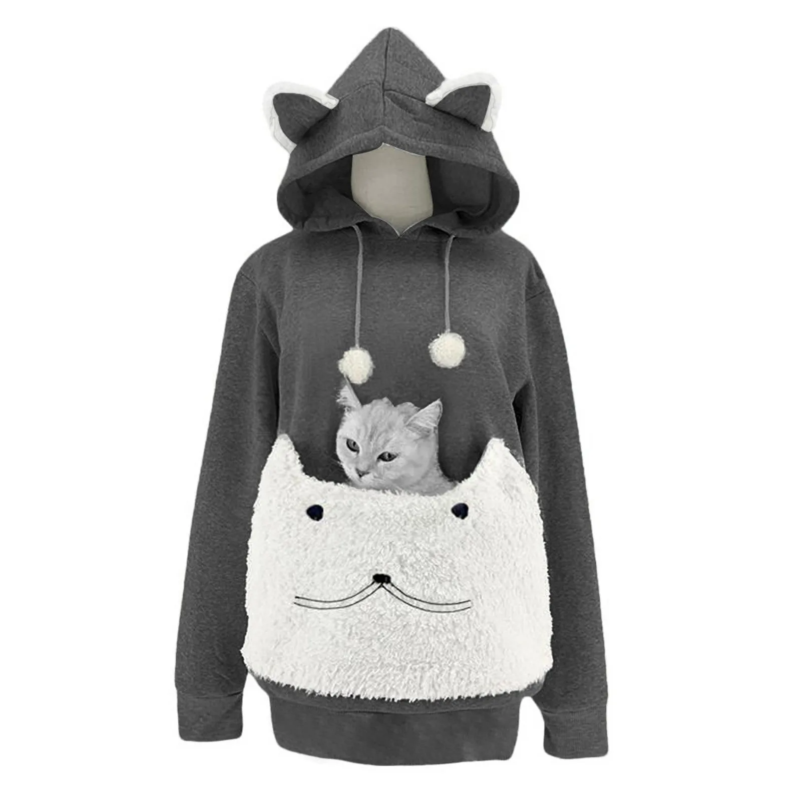 Pet Hoodies Womens Sweatshirts Big Animal Pouch Kawaii Cat Ear Fur Ball Long Sleeve Hooded Girls Pullover Female Tops Blouse