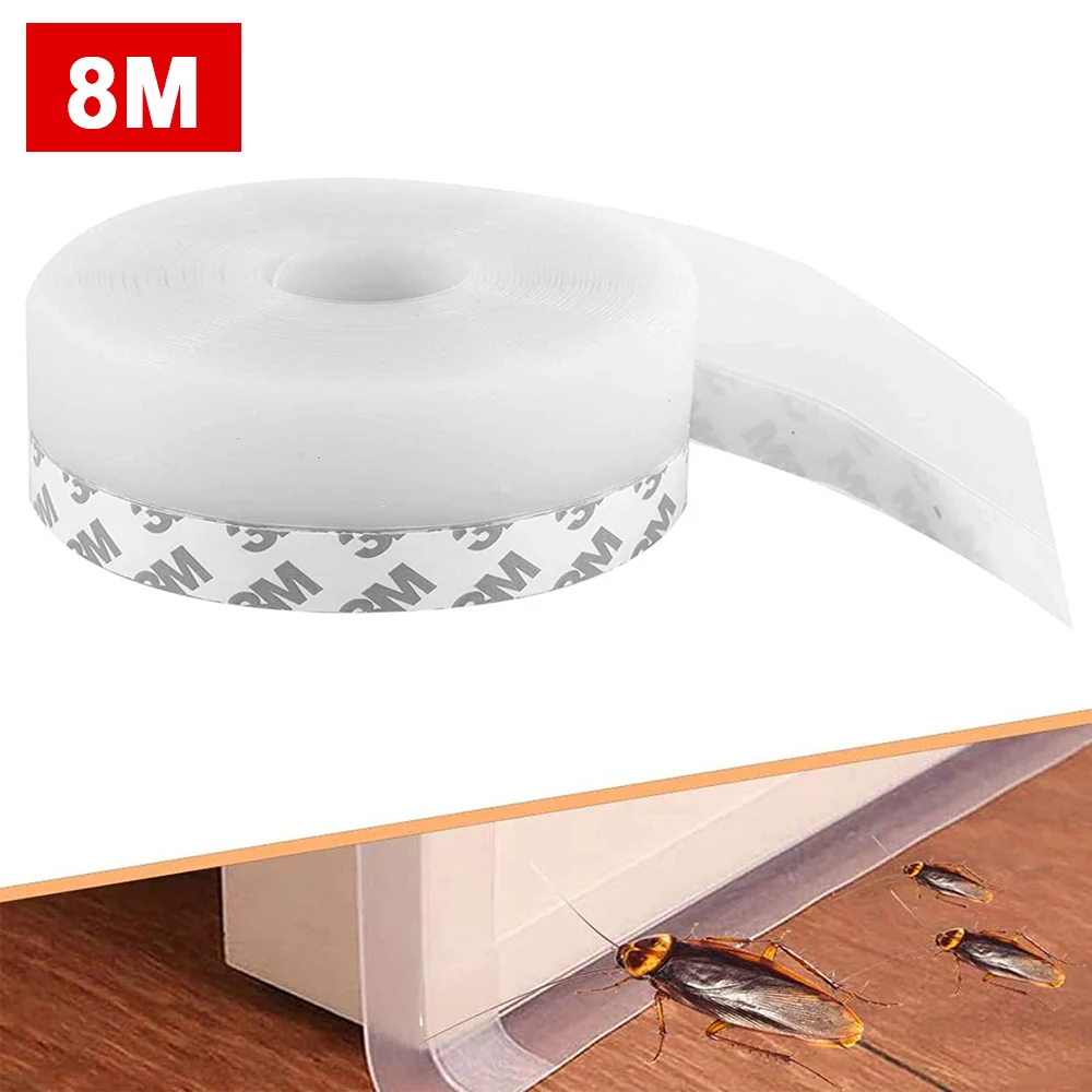 8M Silicone Door Bottom Seal Strip Topper Soundproof Self Adhesive Weather Stripping Tape For Windows and Shower Glass Gaps