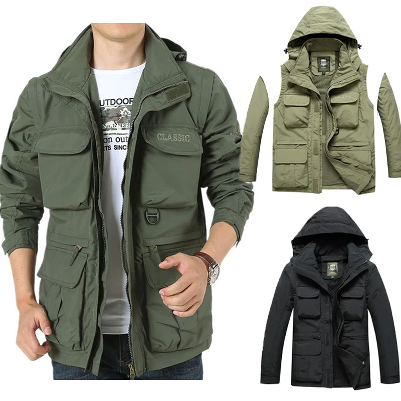 Men's Jacket Autumn Multi Pockets Outdoor Jacket Casual Traveling Windbreaker Coat Hooded Jacket Removable Sleeve Outerwear Male