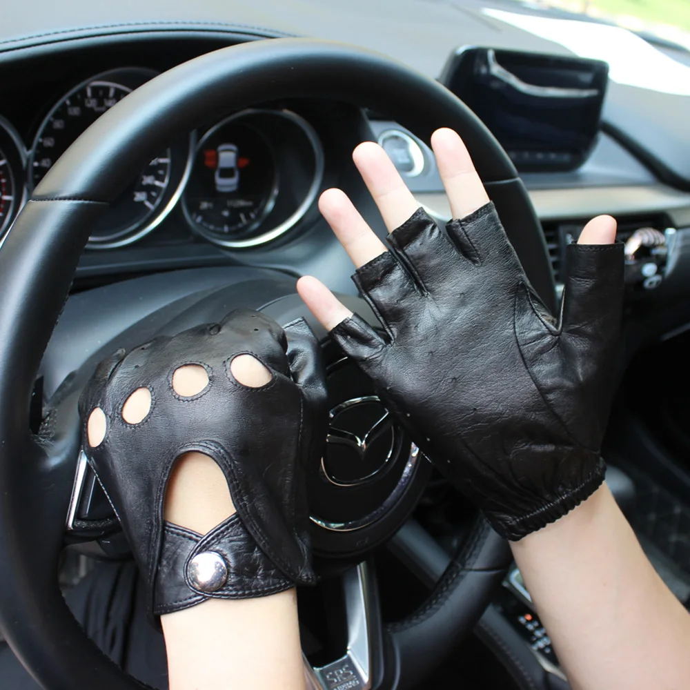 Guantes de cuero de cabra de medio dedo para hombre, cuero negro, hueco, transpirable, hebilla delgada, equitación, deportes al aire libre, guantes