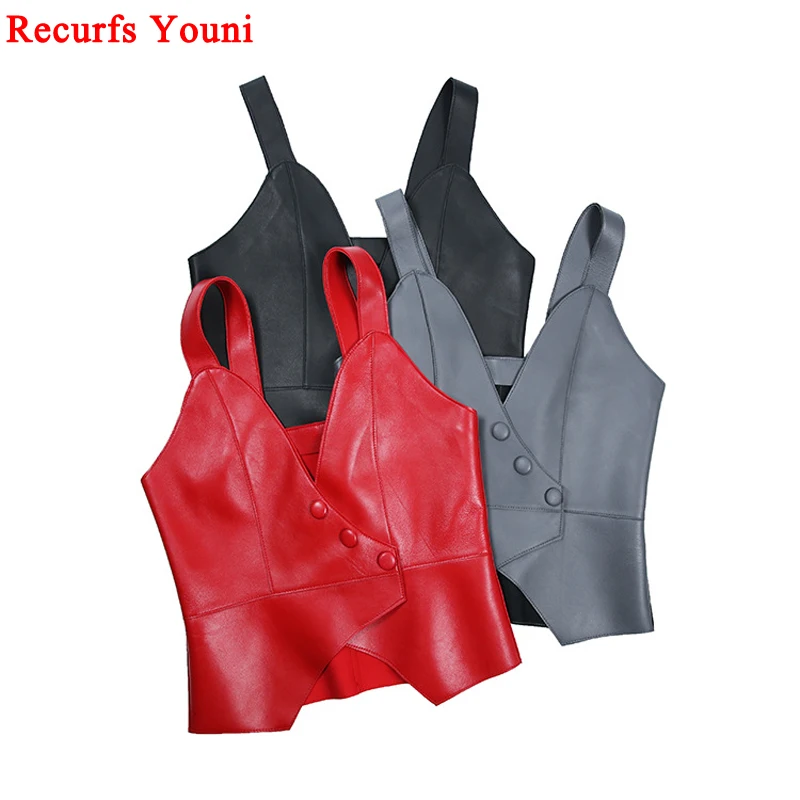 Chic Leather Sexy Sling Vest Women Harajuku V-neck Slim Sleeveless Feminial Red/Grey Real Sheekskin Cropped Top Waistcoat