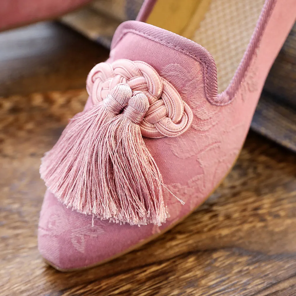 Veowalk Chinese Knot Tassel Women Cotton Fabric Loafers Fashion Ladies Casual Comfort Pointed Toe Flats Embroidered Shoes