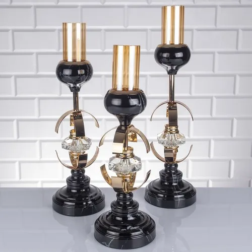 Marrlife Marble Pattern Crystal Gemstone Clamp Candlestick 3'lü Set