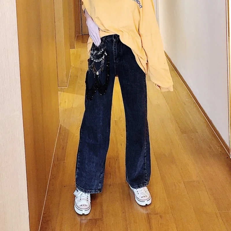 Street High Women Loose Fit Sequin Denim Wide Leg Pants Female Casual Beading Tassels Jeans High Waist Straight Long Trousers