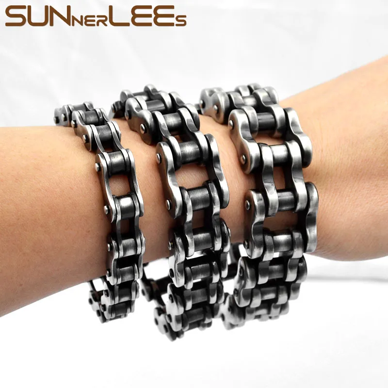 SUNNERLEES 316L Stainless Steel Bracelet Bangle Biker Bicycle Motorcycle Link Chain Retro Black Men Boy Gift BC09