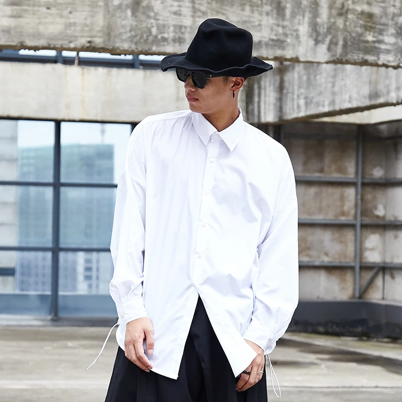 Men's spring and autumn new off-shoulder shirt drawstring design black and white casual loose large size long-sleeve shi