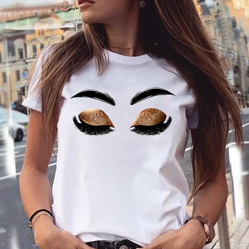 Women Watercolor New Cute Graphic 90s Make Up Eyelash Cartoon Summer Female Clothes Fashion Print Tops Tees Tshirt T-Shirt