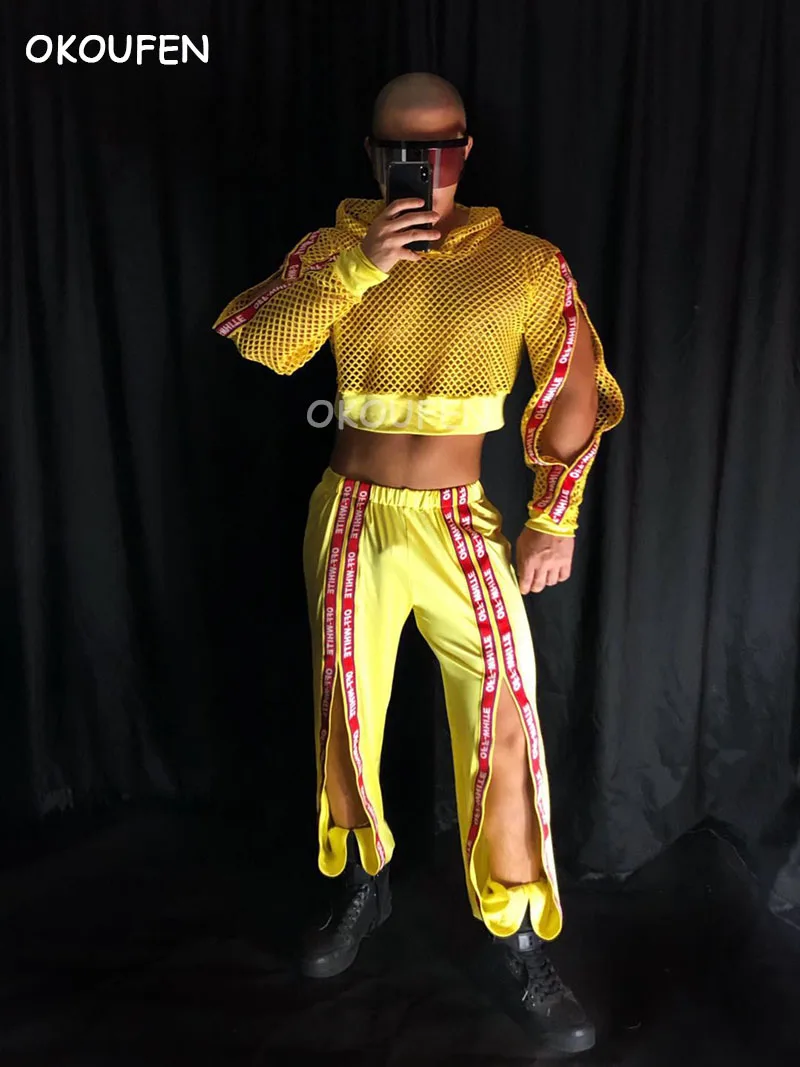 

sexy night show ds tide hip hop yellow streamer costume new style Bar nightclub stage show performance dancecostume