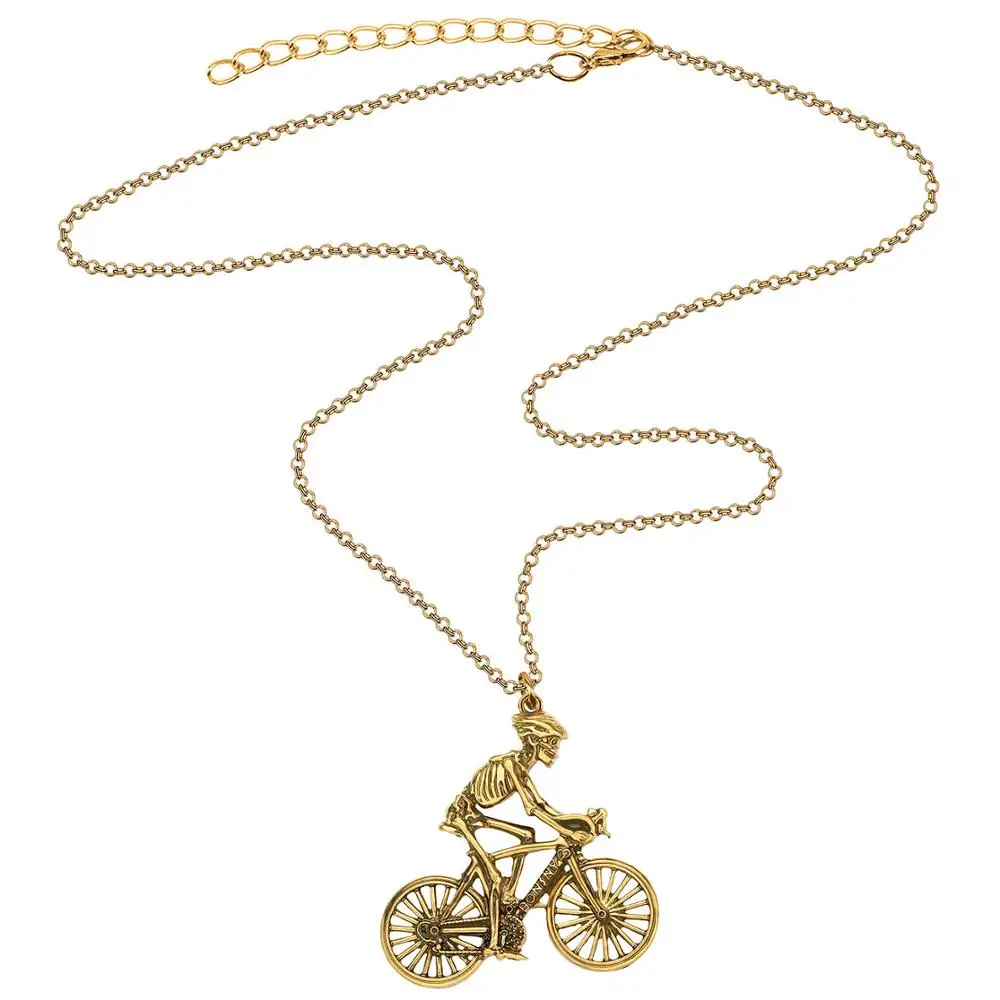 Bonsny Halloween Alloy Antique Gold Plated Skull Bicycle Necklace Bike Skeleton Pendant Jewelry For Women Girls Kid Classic Gift