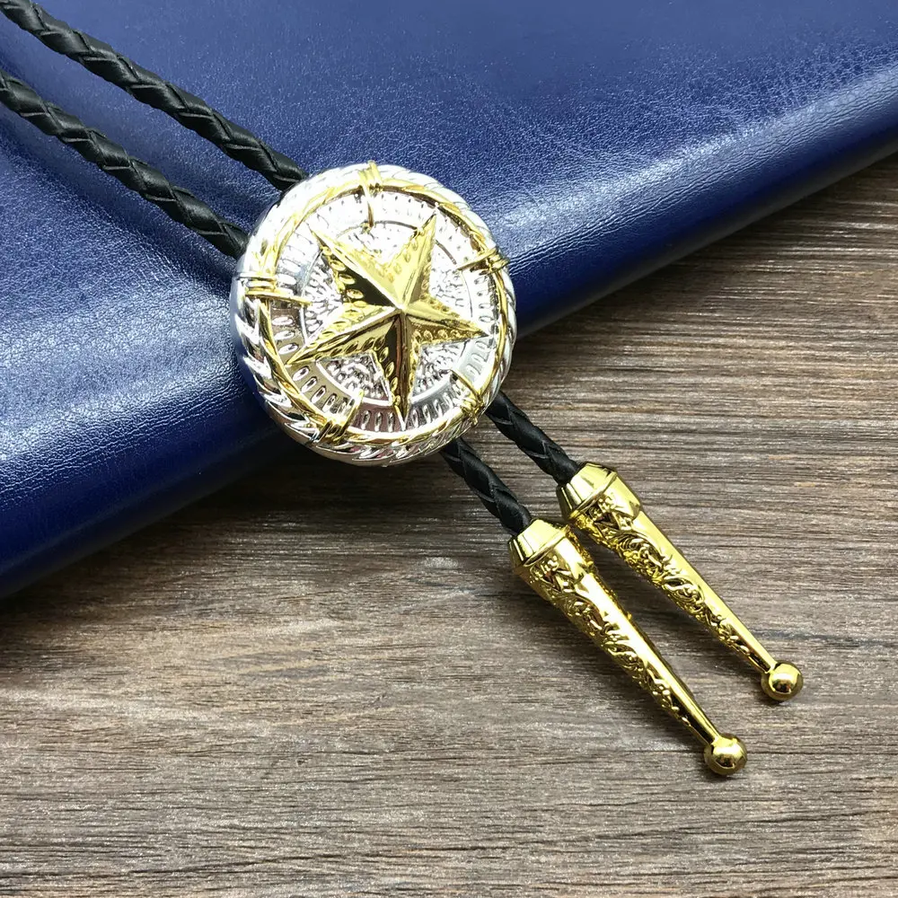 Western bolo Tie Texas five-pointed star two-color plating  Alloy Leather Collar Rope Personalized Suit Clothing Accessories