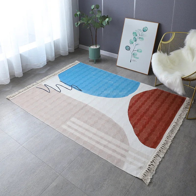 

Nordic Cotton Linen Carpet for Living Room Geometry Hand Woven Bedroom Modern Rug Fashion Tassel Floor Mat Pray Tatami Mat