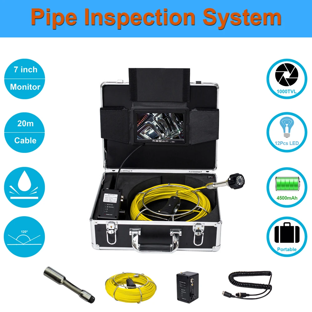 

TPWLCO 23mm Industrial Sewer Pipe Drain Inspection System With 7inch Display 20m Cable 1000TVL Waterproof Endoscope Video Camera