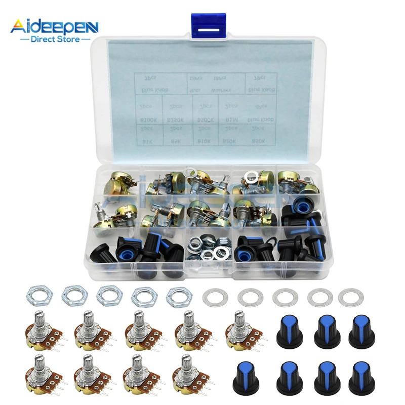 18ชิ้น/ล็อตWH148 Single Potentiometer Kit 1K 5K 10K 20K 50K 100K 250K 500K 1M Rotary Potentiometerตัวต้านทานชุด3 Pinกับหมวก