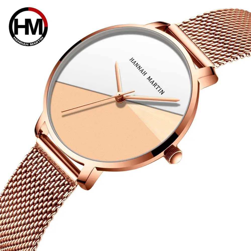 1 Set Bracelet & watch  Japan Quartz Lady Stainless Steel Mesh Double Surface Dial Gradient Rose Gold 30m Waterproof Women Watch