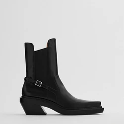 2023 Autumn Chelsea Boots Square Toe Cowboy High-heeled Ankle Booties Wild Real Leather Black Boot Shoes Woman Botas Femininas