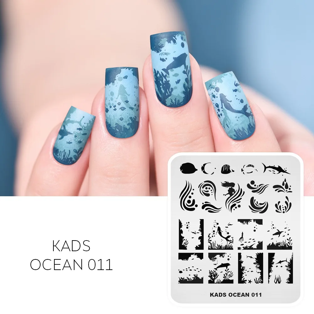 Kads-estêncil do prego para a arte do prego, 11 design, série do oceano, golfinhos, concha, peixe, sereia, estêncil para a arte do prego