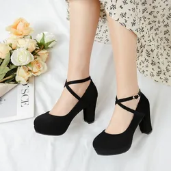 Women Pumps High Heels Thick Soles Shoes Cross Strap Platform Square Heel Round Toe Sexy Sandals Ankle Strap Wedding Party Shoes