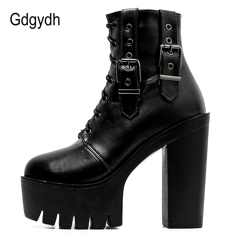 Gdgydh Goth Heeled Boots for Women Nightclub High Platform Heels Shoes Belt Buckle Korean Short Boots with Zipper