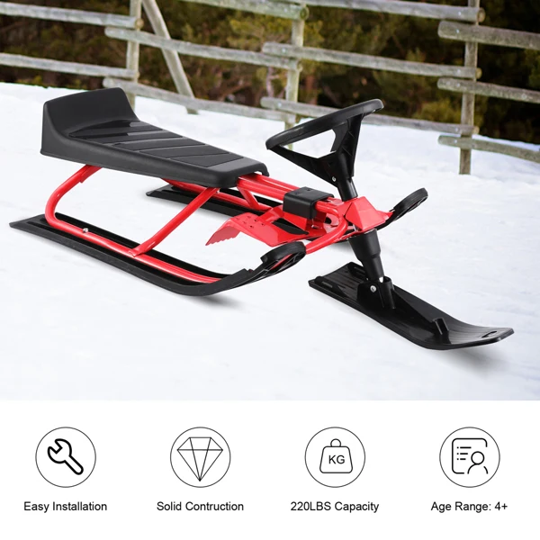 Snow Steering Ski Board Sled Slider with Steel Frame Pull Rope Twin Brakes for Kids Teenager Adult 45x20x15inch Loadbearing 75KG