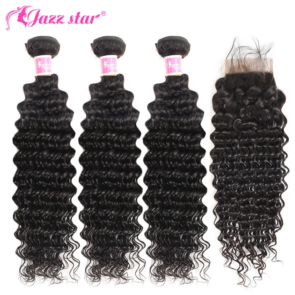 Brazilian Deep Wave Bundles With Closure Non-Remy Human Hair 3 and 4 Bundles With Lace Closure Queen Mary Human Hair Extensions