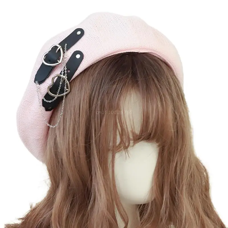 Sweet Cool Punk Beret Lolita Hat Cute Girls Japanese Heart Buckle Beanie Hat Kawaii Preppy Style Girl Beret