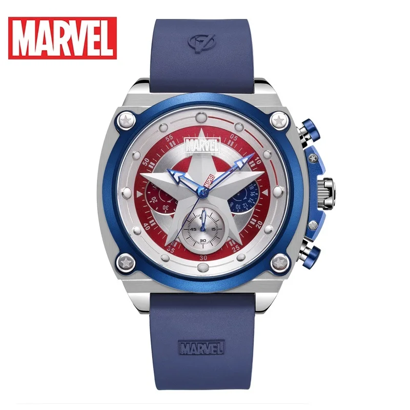 Marvel For Mens Watches Captain America Chronograph Quartz Coated Glass Leather Male New WristWatch Avengers Multiple Time Zone