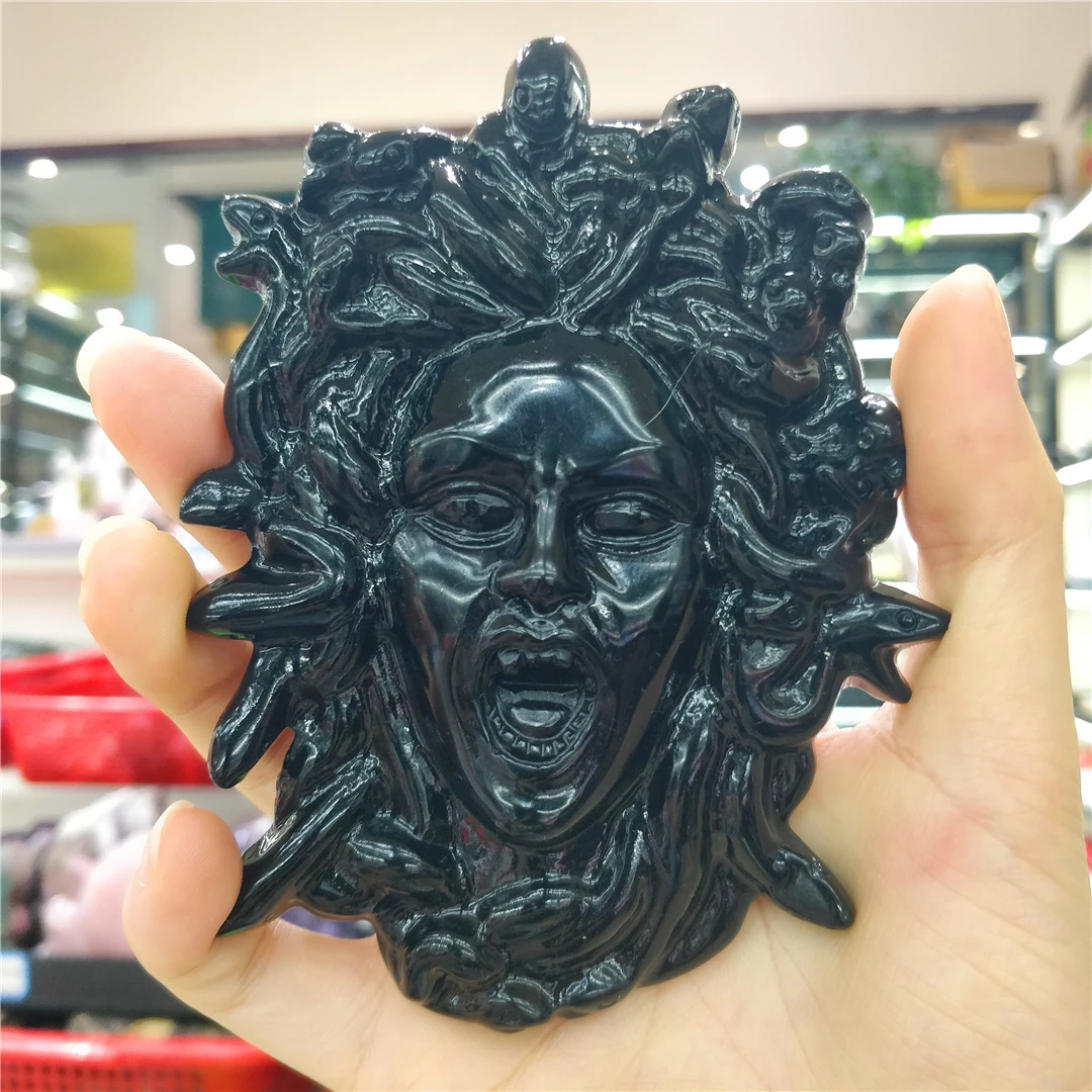 Natural Black Obsidian Crystal Stone Carved Medusa Figure Gorgon Queen Of Greek Mythology Decorative Sculpture Dropshipping 2021