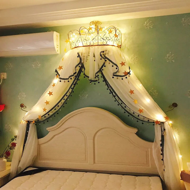 Princess Mosquito Net Bed Curtain Inlaid Beads Wave Bedside Curtain Hemp Yarn Crown Bracket Bedroom Wedding Decoration Veil