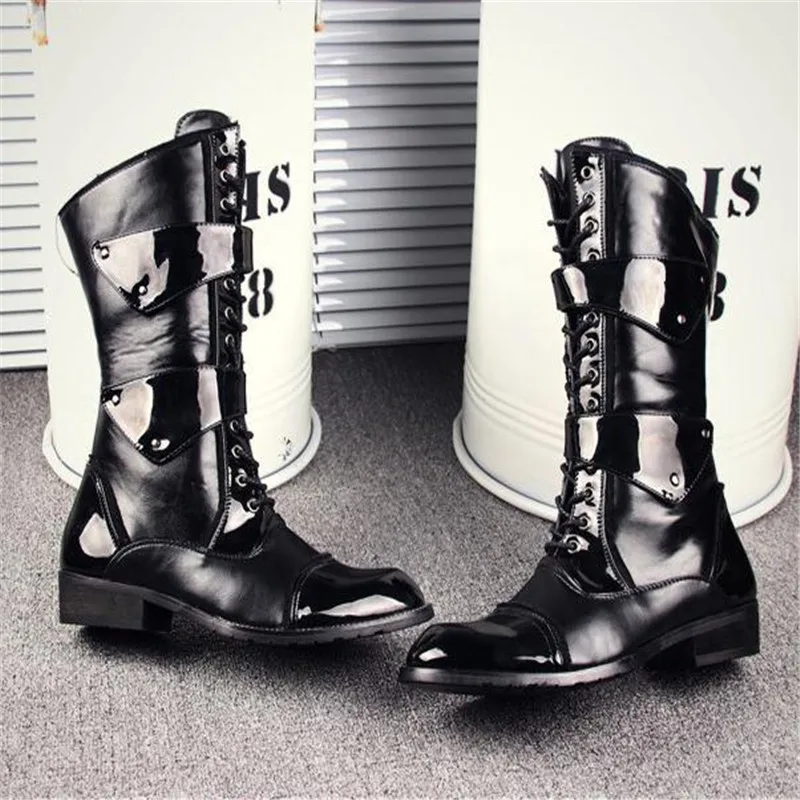 4.5cm Mens Knight Boots  Mid Leg Patent Leather Boots Long  Man Waterproof Work SHoes Male  Motorcycle boots