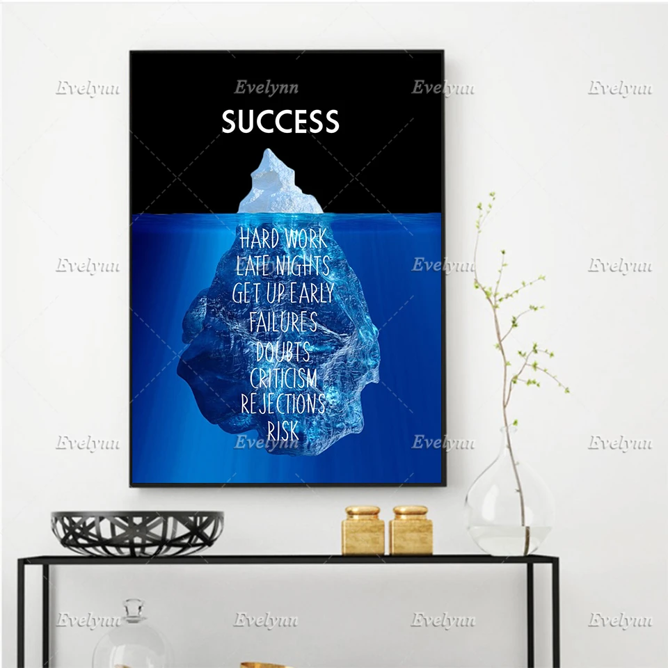 SUCCESS ICEBERG NIGHT Inspirational Quotes Posters and Prints Wall Art Canvas Painting  Living Room Office Decor Floating Frame