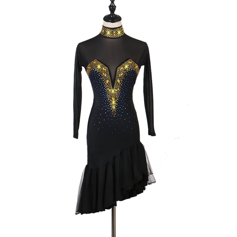 Competition Ladies Latin Dancing Dresses Black Long Sleeve Skirt Female Stage Professional Chacha Ballroom Garments