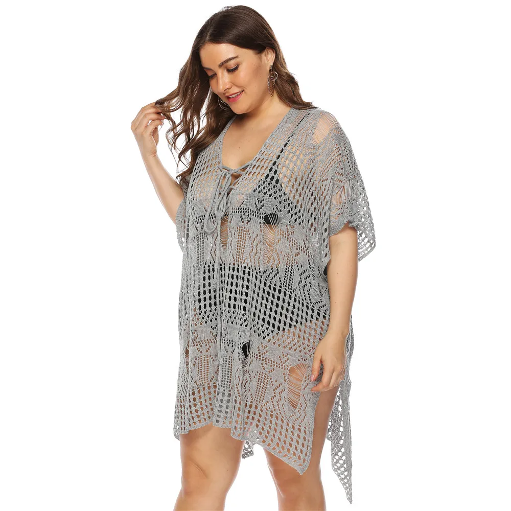 Robe de plage en Crochet, ample, grande taille, ajouré, Cover-up d'été pour les costumes de bain, tunique, Bikini, chemisier