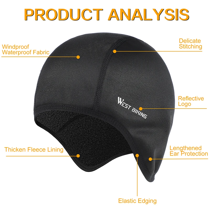 WEST BIKING Winter Thicken Cycling Cap for Men Under Helmet Double Layer Head Cover Ear Flaps Protect Windproof Elastic Bike Hat