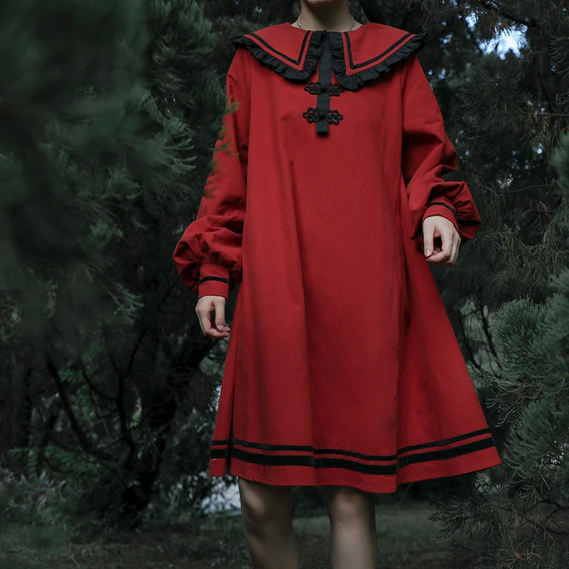 JK Rot Kleid Lose Retro Langarm Herbst Winter hohe taille viktorianischen kleid kawaii mädchen gothic lolita op loli nette mädchen