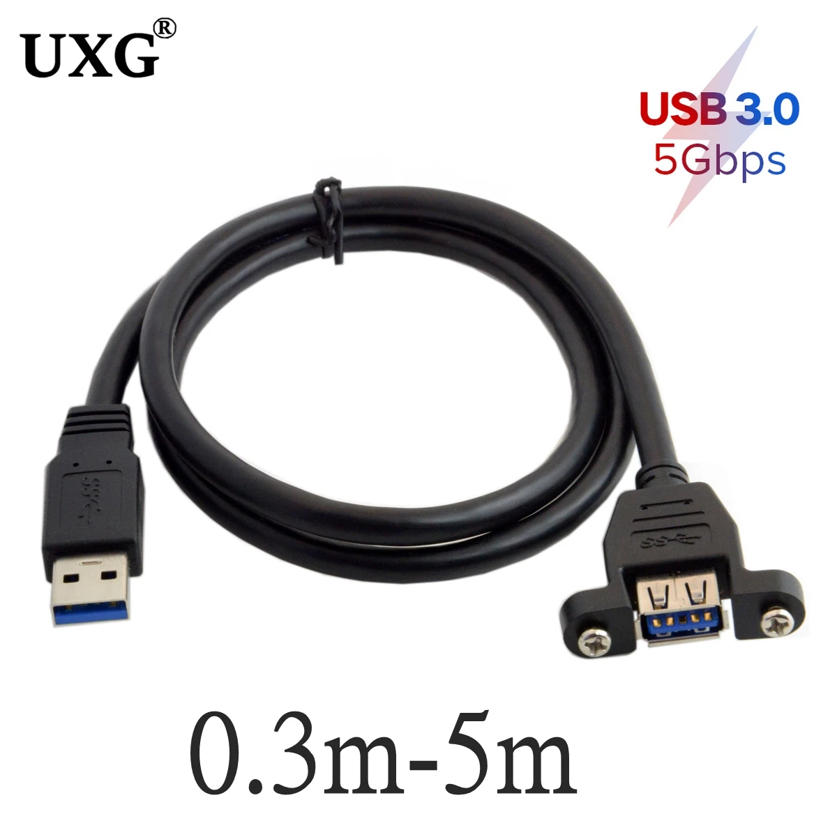 Black USB 3.0 Male To Female Extension Cable With Panel Mount Screw Hole Lock Connector Adapter Cord For Computer (With Screws)