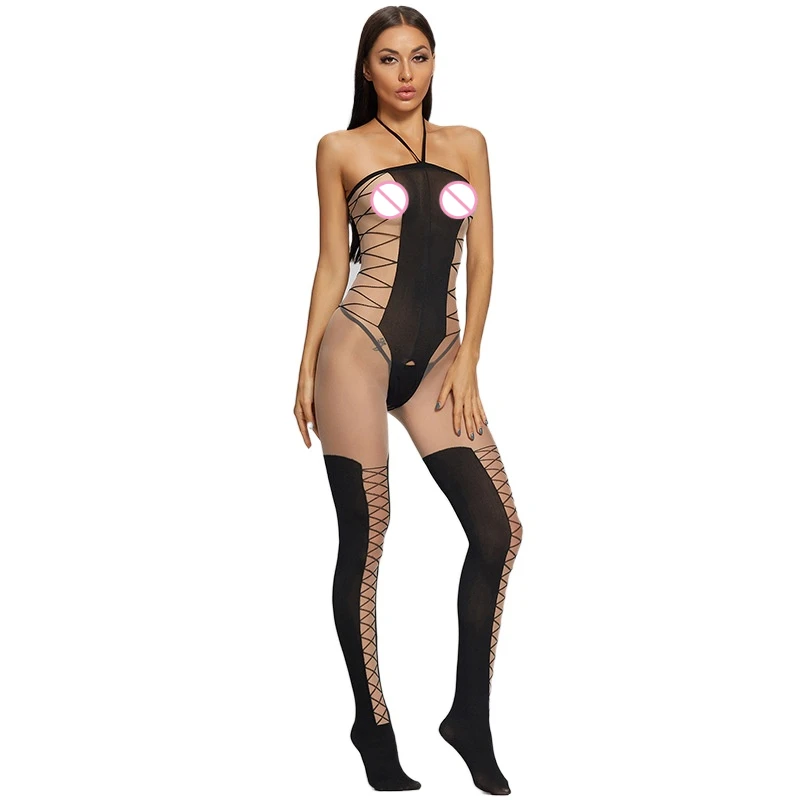 Hollow Out Transparent Bodysuit Sexy Lingerie Mesh Catsuit Sex Erotic Underwear Sexi Women Crotchless Nylon Jumpsuit Stockings