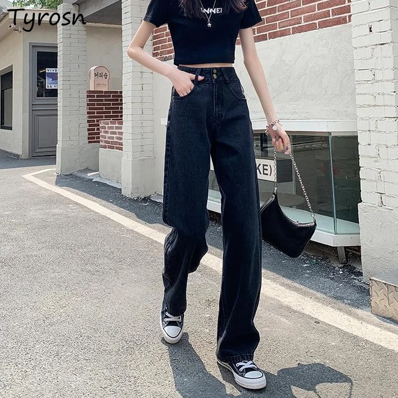 

Jeans Women Streetwear High Waisted Jean Mujer Solid Black Button Zipper Fly All-match Hot Sale Loose Straight Mopping Trousers