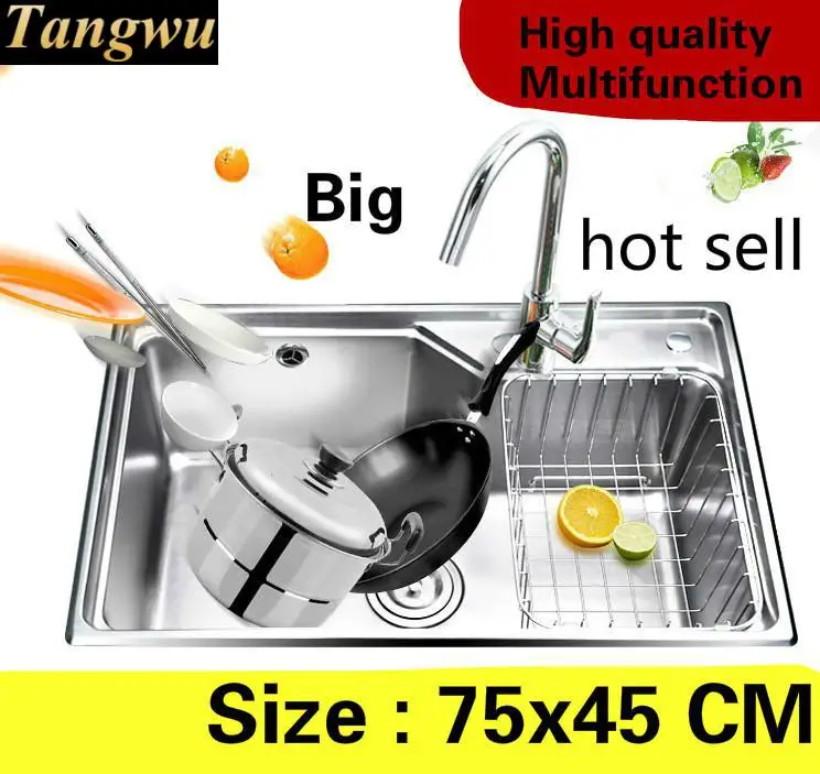 

Free shipping Home stretch faucet wash vegetables high capacity kitchen single trough sink 304 stainless steel big 75x45 CM