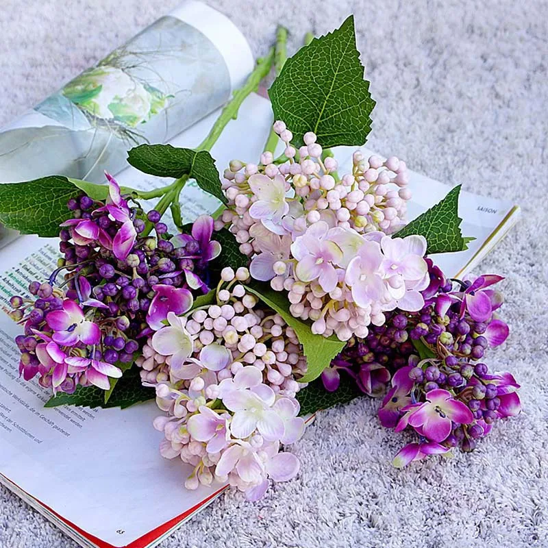 Berry Hydrangea flower short branch with bud fruit and fake leaves silk artificial flowers for home wedding decorations flores