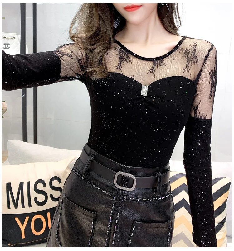 

Ladies shirt 2022 spring new sexy lace shirt slim mesh top long sleeve shirt women t shirt mesh sleeve fashion clothes