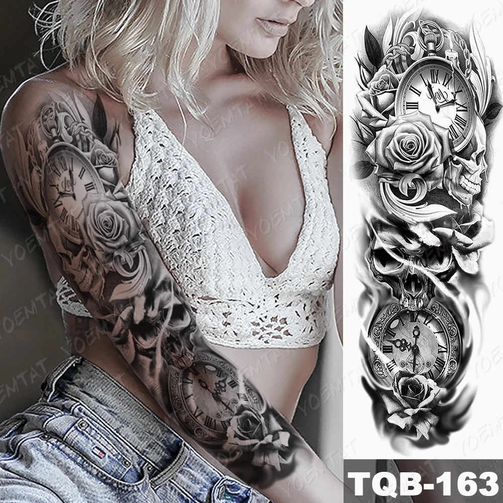 Large Arm Sleeve Tattoo Clocks Rose Eye Lion Waterproof Temporary Tattoo Sticker Flower Time Body Art Full Fake Tatoo Women Men