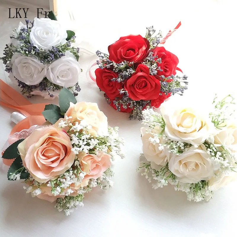 LKY Fr Wedding Bouquet Bridesmaid Bridal Bouquet Artificial Roses White Silk Flowers Girl Bouquet Wedding Accessories Home Decor