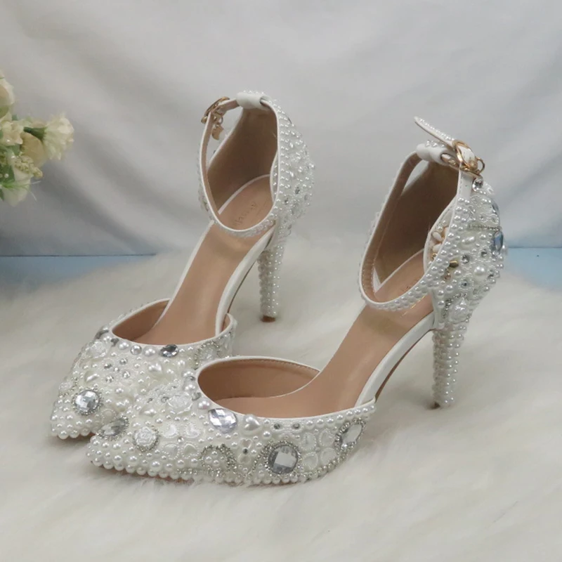 Womens Wedding Shoes Bridal Sandals Shoes Woman Thin Heel Crystal Party Dress Shoes Woman High Pumps white Pearl Wedding shoes