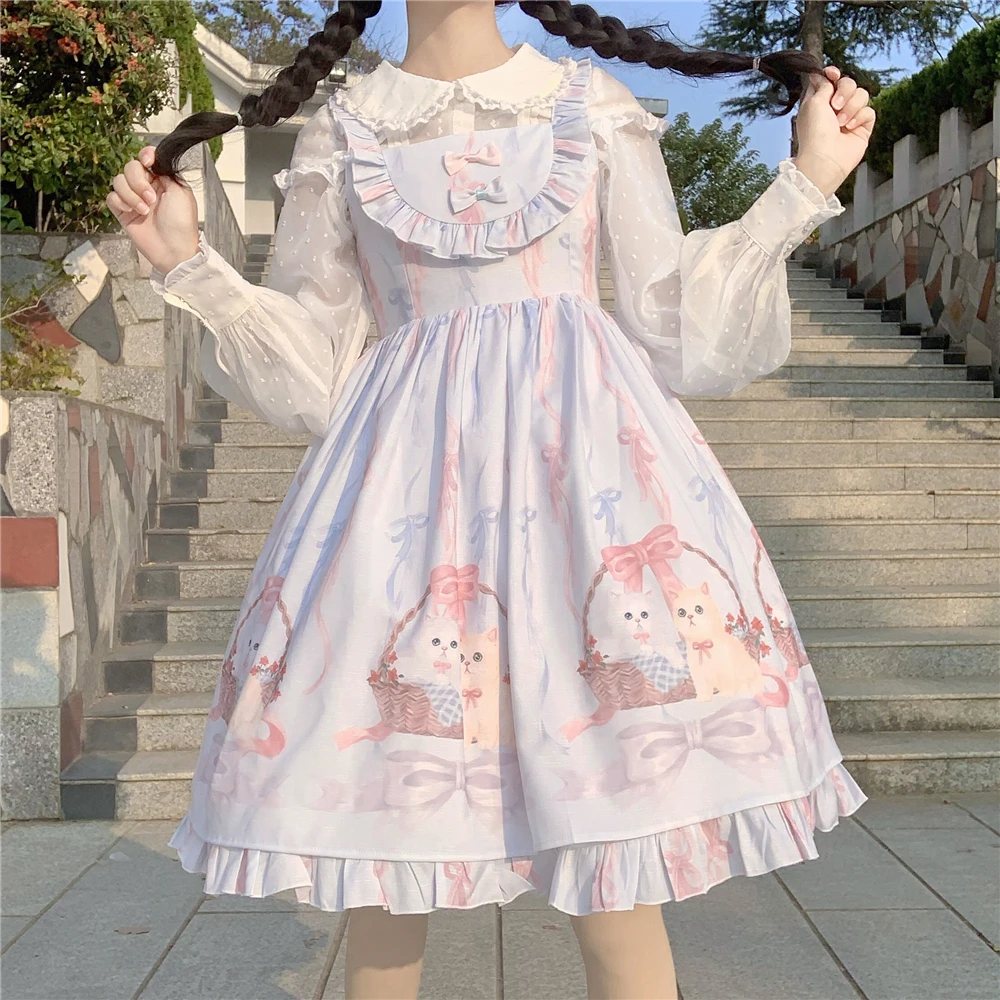 Sweet lolita dress vintage falbala bowknot cute printing high waist princess victorian dress kawaii girl gothic lolita jsk loli