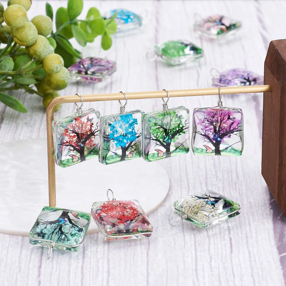 12Pcs Transparent Glass Pendants Dried Flower inside and Stainless Steel Finding Oval, Mixed Color, 30x20x16mm, Hole: 5mm