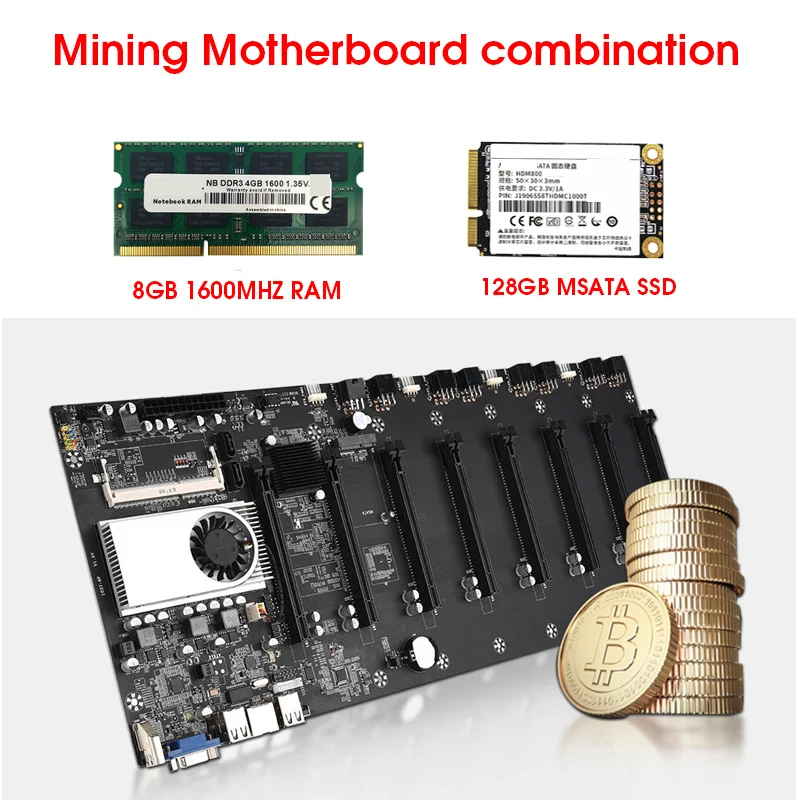 BTC-T37 Mining Motherboard 8 GPU Bitcoin Crypto Etherum Mining  with 128GB MSATA SSD  DDR3 8GB 1600MHZ RAM SET