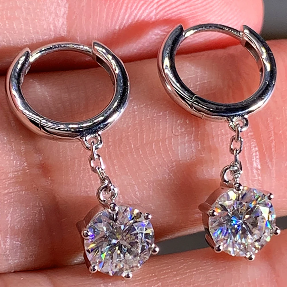 Custom Solid 14K White Gold Women Drop Clip Hoop Earrings Moissanite Diamonds 0.5 1 2 3 Ct Round Wedding Engagement Anniversary