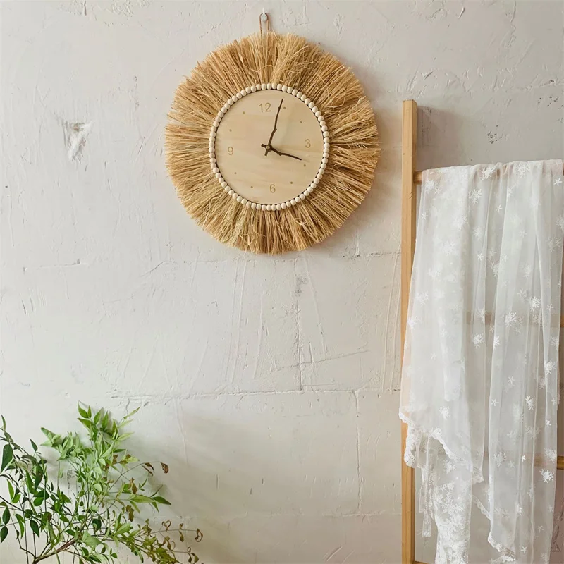 Nordic Handmade Straw Wooden Mute Wall Hanging Clock Kids Room Home Decor Bedroom Living Room background Soft Decorative Clock