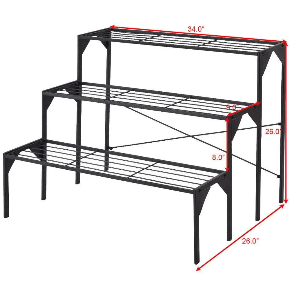 3 Tier Shelf Flower Plant Display Stand Rack Large Modern Black Metal Heavy Duty